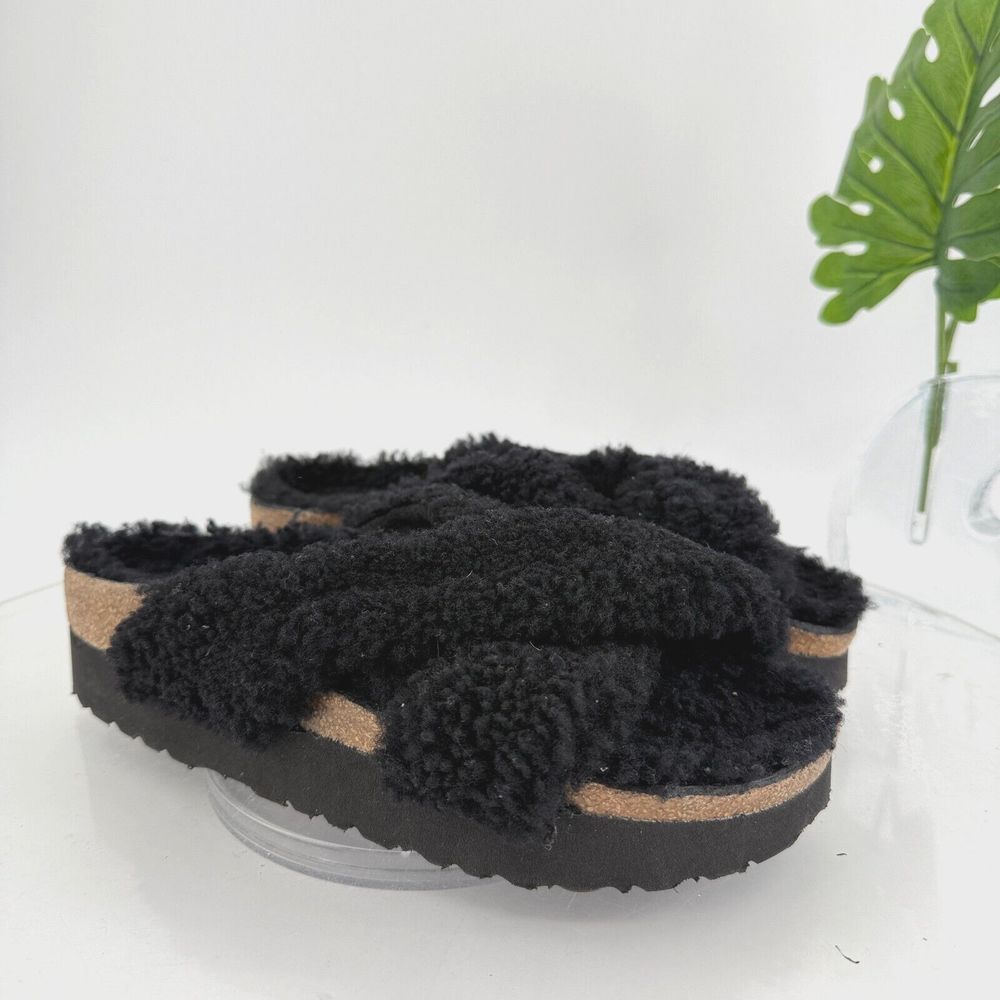 Birkenstock Papillio Daytona Shearling Black Sandals Size 38 7 Platform Slide
